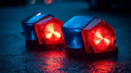 Glowing emergency lights reflecting on wet pavement at night, creating a dramatic atmosphere.