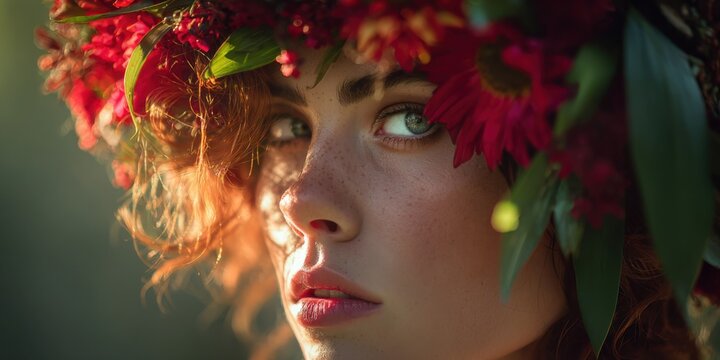 Young woman with vibrant floral crown gazes thoughtfully into the distance during a warm afternoon in nature - Powered by Adobe
