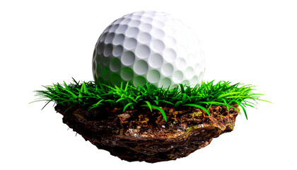 Shiny white golf ball on floating patch of green grass field for sports game and leisure concept isolated on white background