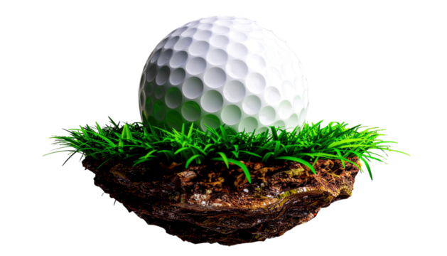 Shiny white golf ball on floating patch of green grass field for sports game and leisure concept isolated on white background