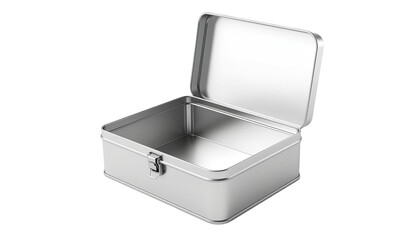Open rectangular silver metal box container for storage and packaging concept isolated on white background