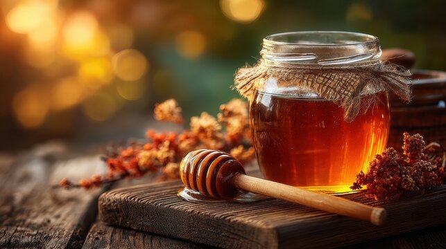 Golden honey in a glass jar, wooden honey dipper, rustic wooden surface, warm lighting, autumnal setting. Sweet treat.