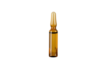 Brown glass medical ampoule vial standing upright for pharmaceutical drug and healthcare concept isolated on white background