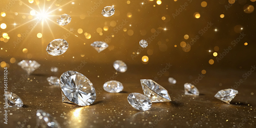 Aufkleber brilliant diamonds of various cuts are scattered across a golden surface, reflecting light and creat