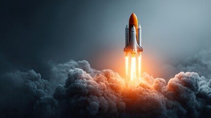 Spacecraft launching into the sky amidst smoke and flames