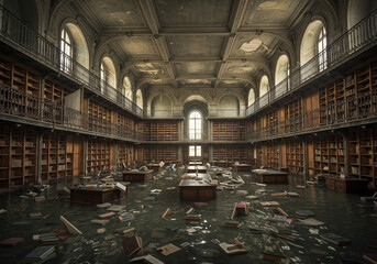 Fototapeta premium Flooded Historic Library Interior with Floating Books and Submerged Tables