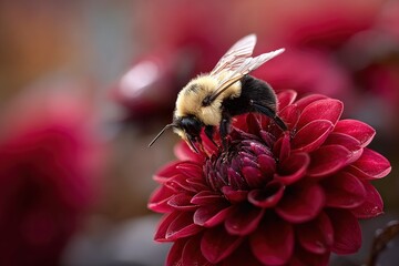 A bee lands on a red dahlia probing for nectar with its proboscis