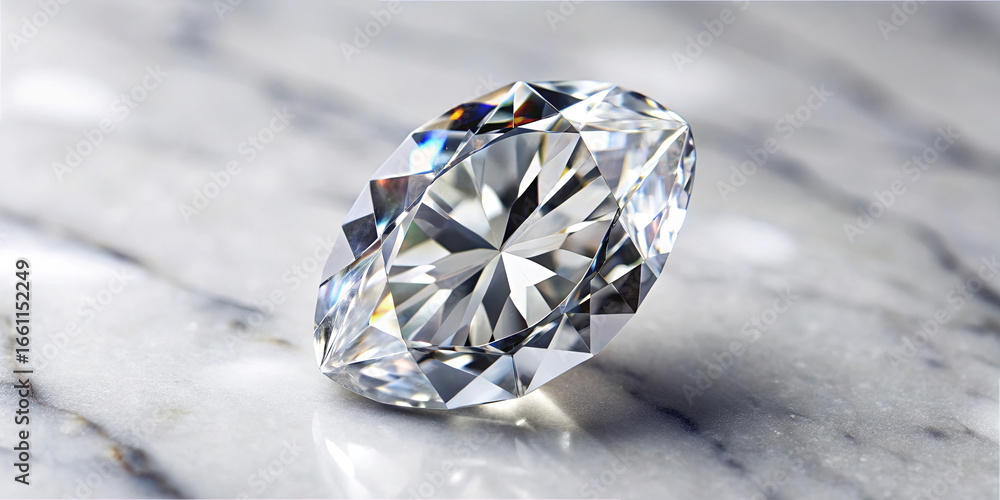 Poster a stunning diamond is placed on a sleek marble surface, reflecting light with numerous sparkles. the