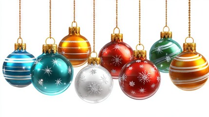 Colorful striped Christmas glass baubles — glossy ornament bulbs in assorted hues, isolated on white background with clean copy space; festive winter holiday décor for Xmas tree decoration