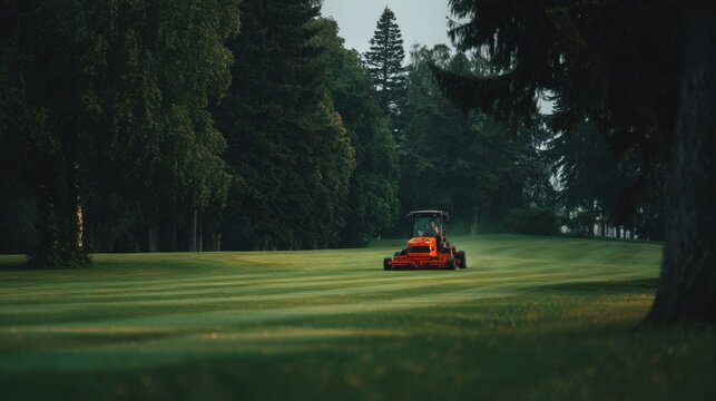 Lawn mower cutting grass on a serene golf course at sunrise