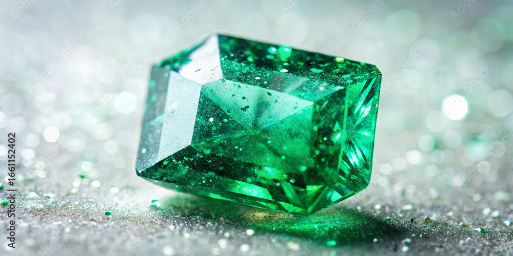 Poster a vivid green emerald with sharp facets is positioned elegantly on a textured surface. tiny sparkles