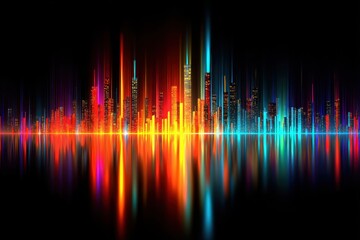 A vibrant, futuristic city skyline with colorful neon lights reflected in water against a black night background