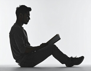 Sitting person silhouette reading a book, isolated on white background with copy space

