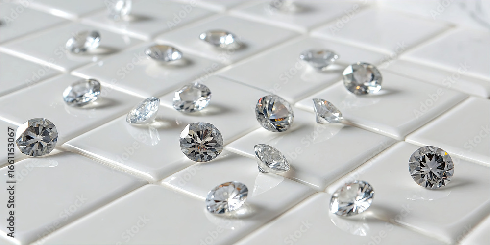 Poster a collection of clear gems is arranged casually across a glossy white tiled surface. the stones catc