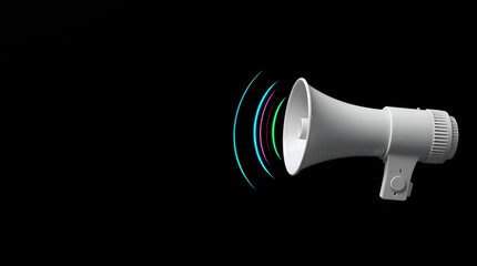 White megaphone emitting colorful sound waves on black background