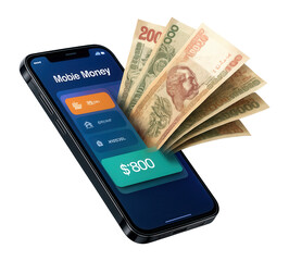 Smartphone with Algerian dinar notes emerging, depicting an online mobile money wallet concept.