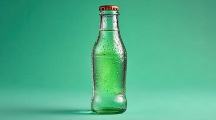 Glass bottle of sparkling green beverage on a green background. Condensation on the bottle.