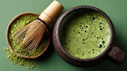 Vibrant green matcha powder in a bowl and prepared matcha drink in a dark brown mug. Top view.