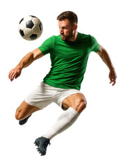 Naklejka na ściany i meble Football player in green jersey performing midair volley kick.