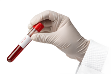 Blood sample in gloved hand for medical analysis use