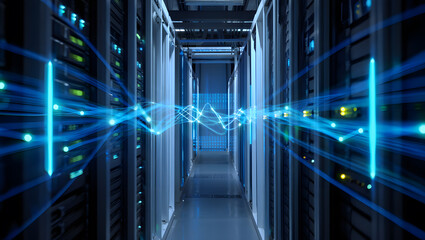 Futuristic Data Center: High-Tech Server Room with Dynamic Blue Light Trails, Network Connectivity Concept.