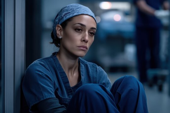 A tired female healthcare worker in scrubs sits on the floor, looking exhausted and contemplative in a hospital corridor - Powered by Adobe