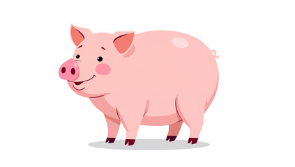Cute cartoon pink pig with curly tail isolated on black background illustration