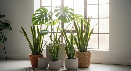Indoor Plants near Window: Snake Plants and Monsteras
