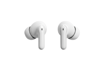 Pair of white wireless earbuds with short stems and silicone tips shown on white background ideal for product mockups, tech branding, lifestyle visuals, and editorial electronics content