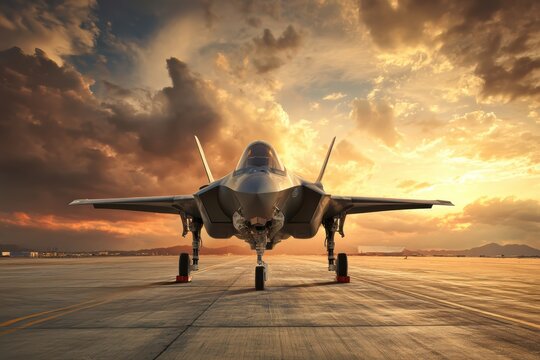 A modern fighter jet is parked on an airstrip at sunset, with dramatic clouds and mountains in the background