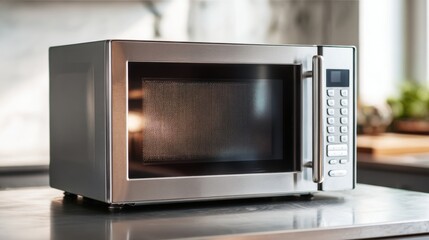 Obraz premium Modern Stainless Steel Microwave in Bright Kitchen Environment