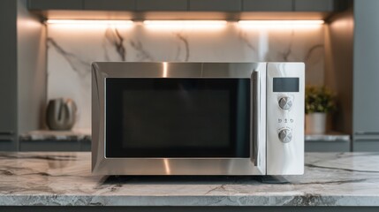 Obraz premium Modern Stainless Steel Microwave on Elegant Marble Kitchen Countertop