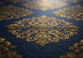 Ornate Gold Pattern on Deep Blue Fabric – Regal Textile Detail
