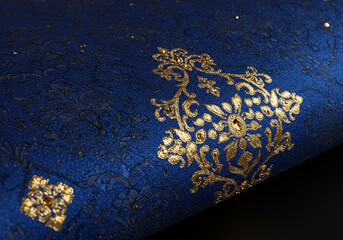 Royal Blue Fabric with Ornate Gold Embroidery – Luxurious Textile Detail