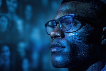 A man with glasses is illuminated by digital blue light, symbolizing technology, data, and artificial intelligence in a futuristic setting