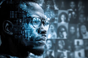 A man with glasses is overlaid with digital circuit patterns, symbolizing the fusion of technology and humanity, with blurred faces in the background
