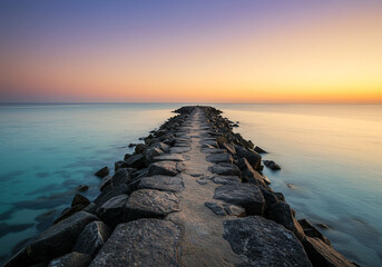 Twilight Stone Pier into Tranquil Sea – Coastal Serenity at Dusk