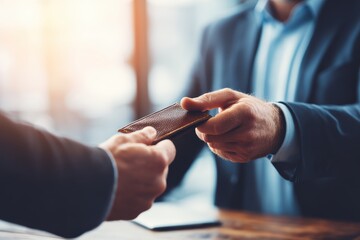 Two people in business attire exchanging a brown leather wallet across a table in a well-lit office setting