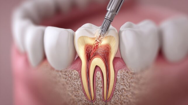 Dental procedure illustrating root canal treatment on a human tooth close-up with detailed anatomy