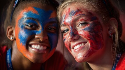 Joyful friends sport colorful face paint, celebrating shared enthusiasm and team spirit with bright smiles.