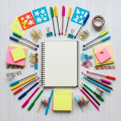 Vibrant flat lay of colorful stationery arranged in a perfect circle around blank spiral notebook ideal for creative planning teaching and modern workspace themes