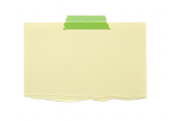 Yellow sticky note with green tape isolated on transparent background