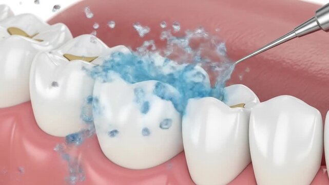 Dental Cleaning Procedure Using Water Flosser on Teeth and Gums in Closeup