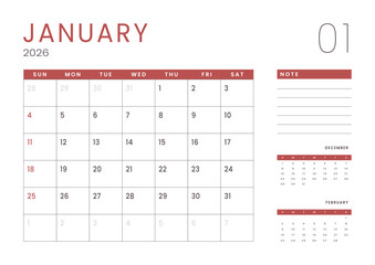 Monthly page Calendar Planner Template design of January 2026. Vector layout of calendar with week start Sunday for Scheduling. Page for size A4 or 21x29.7 cm