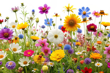 colorful wildflowers in bloom isolated on white background, png, ai generated.