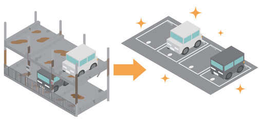 アイソメトリックな老朽化した機械式立体駐車場を撤去して平面駐車場に工事したイメージ素材