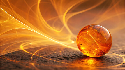 Abstract background with glowing lines and amber sphere on stone surface