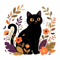 Cute Halloween black cat flora and fauna with yellow eyes, playful expression, surrounded by vibrant flora. Concept of Halloween black cat flora and fauna in modern style.