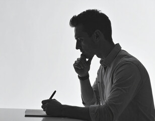 Thinking and writing person silhouette, isolated on white background with copy space
