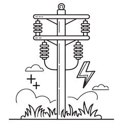 Power Line Pole with Lightning Symbol and Sun - Fun and Educational Kids' Art